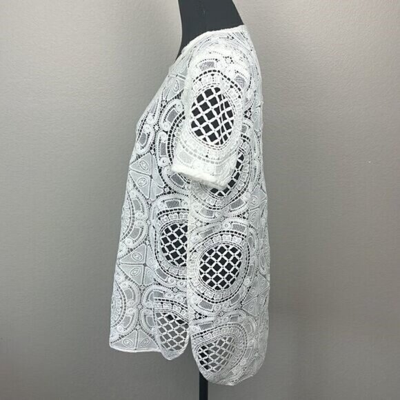 Sundance Shadow Dance Crochet‎ Top Ivory Lace Sheer Short Sleeve Tunic Sweater S - Picture 7 of 11